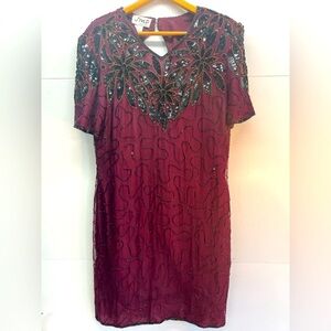 Vintage Red JMD New York 100% Silk Black Beaded Cocktail Jacket Dress Sz Large